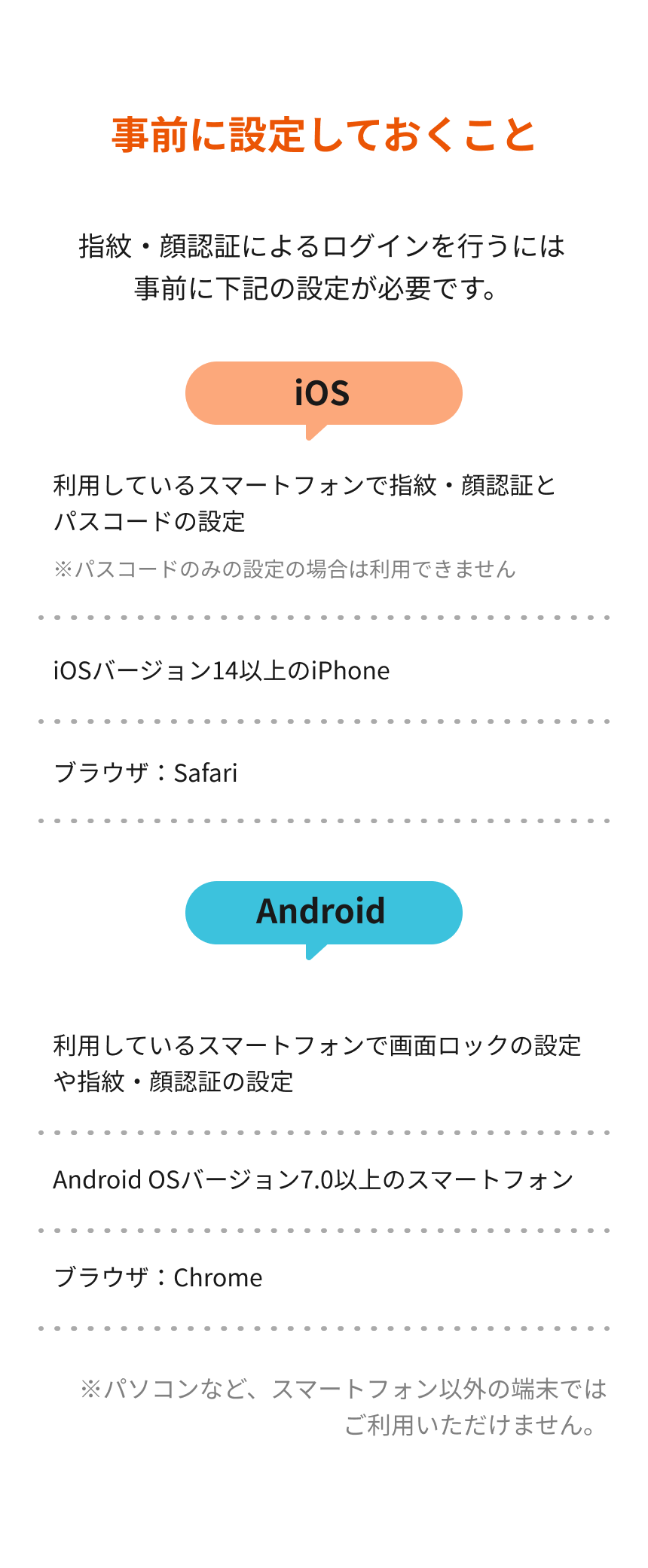 iPhoneの場合:指紋・顔認証の設定、iOSバージョン14以上、ブラウザ：Safari Androidの場合:指紋・顔認証の設定、Android OSバージョン7.0以上、ブラウザ：Chrome